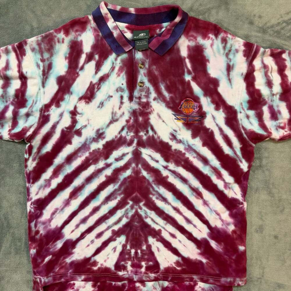 Vintage Active Los Angeles Lakers Tie Dye Polo Shirt Pink Blue streetwear